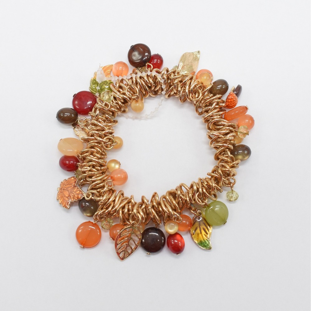Autumn Charm Bracelet Gold Leaf Acorn Fall Cottagecore Beaded Stretch Jewelry